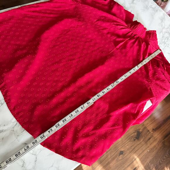 LOFT Red Mock Neck Tie Back‎ Long Sleeve Circle Jacquard Blouse women's size XL - Picture 9 of 10
